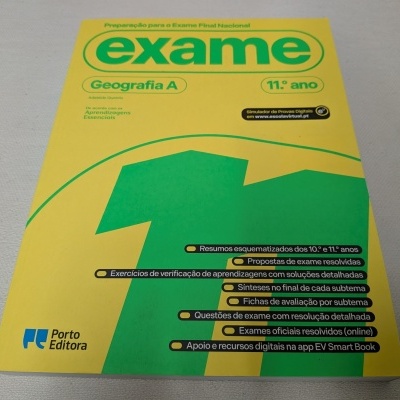 Capa do livro Exame Geografia A 11.º ano em amarelo e verde