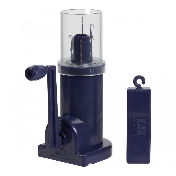 Aparelho manual azul para fabrico de pompons com manivela e caixa retangular azul