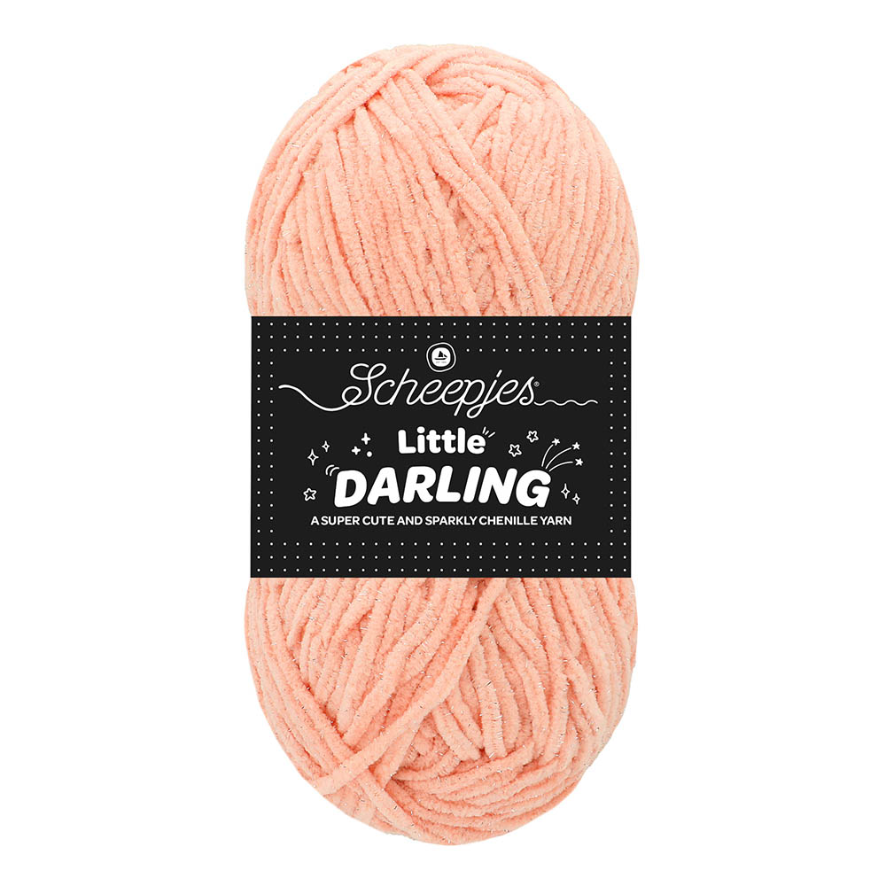 Madeixa de lã chenille cor-de-rosa claro Little Darling Scheepjes com etiqueta preta.
