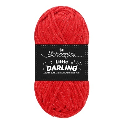 Novelo de lã chenille vermelho com etiqueta preta e texto branco