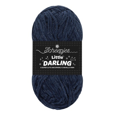 Novelo de fio chenille azul escuro com brilho e etiqueta preta