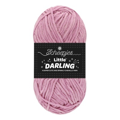 Novelo de lã chenille rosa claro com etiqueta preta e texto branco