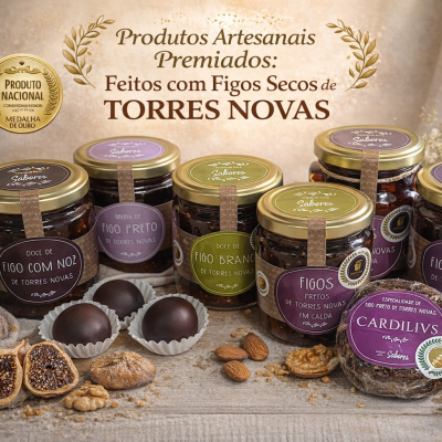 Frascos de doces artesanais de figos secos de Torres Novas com várias etiquetas coloridas e frutos secos ao redor