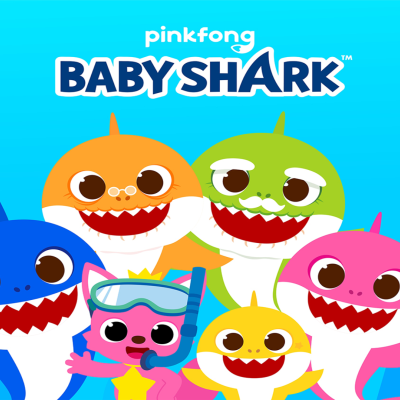 Personagens animados coloridos Baby Shark da Pinkfong com fundo azul oceano