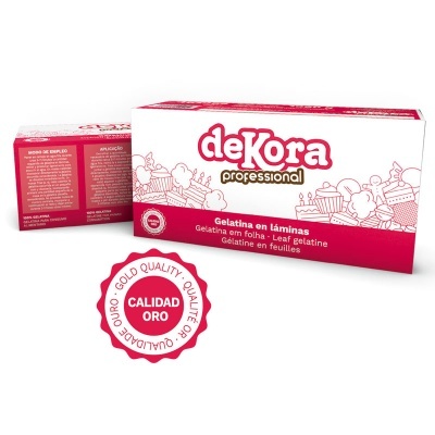 Embalações de gelatina em lâminas Dekora professional, cores branco e vermelho, selo Calidad Oro.