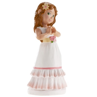 Figura decorativa de menina com vestido branco e detalhes em rosa