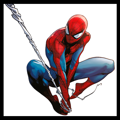 Desenho do personagem Spider-Man em pose agachada segurando uma teia.