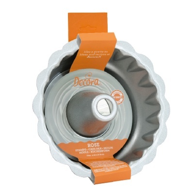 Molde para bolo ROSA em metal cinzento com embalagem laranja da marca Decora