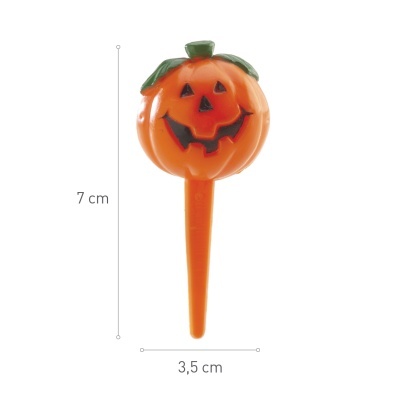 Peça decorativa de Halloween em forma de abóbora laranja com rosto sorridente.
