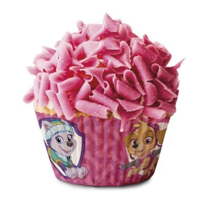 Muffin rosa com forro de papel decorado com cães desenhados