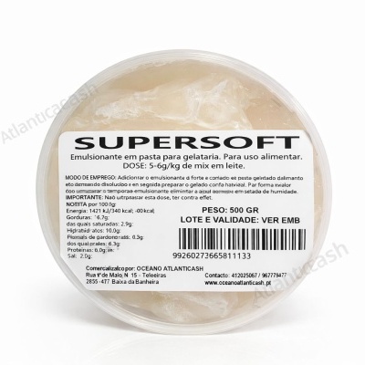 Embalagem de pasta emulsificante SUPERSOFT para gelataria, transparente com rótulo branco e texto preto