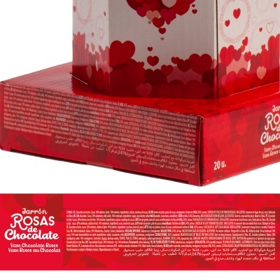 Embalagem vermelha com padrões de corações e texto do produto 'Jarrón Rosas de Chocolate'