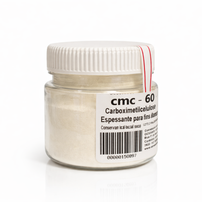 Frasco com pó branco e etiqueta cmc-60 Carboximetilcelulose