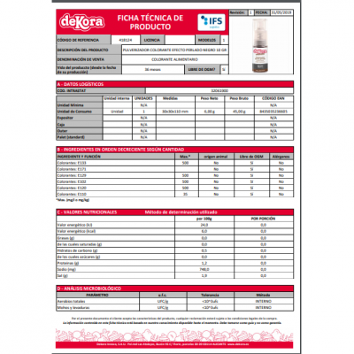 Ficha técnica do corante alimentar em gel vermelho da marca dekora com tabelas de ingredientes e valores nutricionais