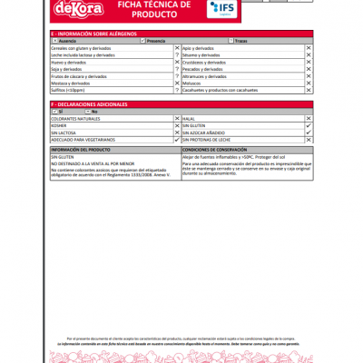 Ficha técnica de produto DeKora com tabelas de alérgenos e informações adicionais