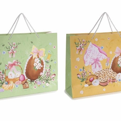 Saco de papel com estampa de Páscoa, janela oval e etiqueta und.