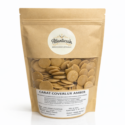 Pacote com pastilhas redondas cor âmbar e rótulo Atlanticash