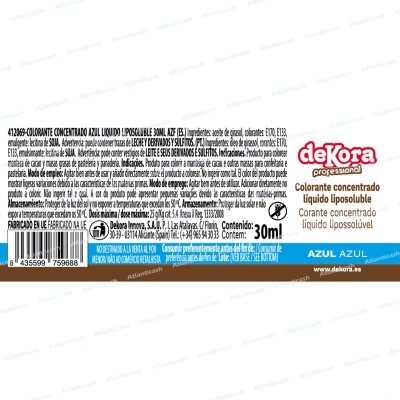 Etiqueta de frasco de corante concentrado líquido lipossolúvel azul da marca deKora profissional com 30 ml