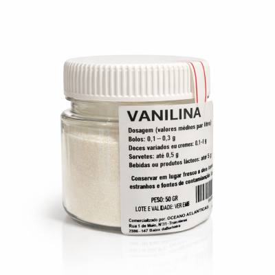 Frasco de vidro com tampa branca contendo pó branco e etiqueta com informações sobre vanilina