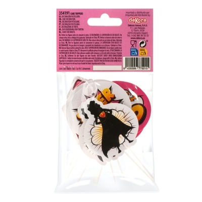 Cake toppers decorativos com tema de super-herói em embalagem transparente e etiqueta rosa.