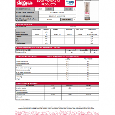 Ficha técnica do pulverizador prata da deKora com informações detalhadas e tabela nutricional