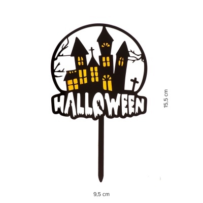 Decoração acrílica preta de Halloween com castelo amarelo e texto 'HALLOWEEN'