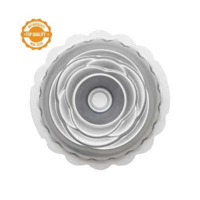 Forma de bolo prateada com padrão espiral e selo laranja top quality