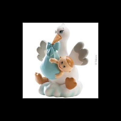 Figura decorativa de cegonha branca com saco azul e bebé sorridente