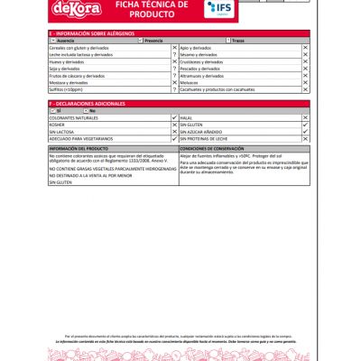 Ficha técnica de produto deKora com informações de alérgenos, declarações adicionais e condições de armazenamento