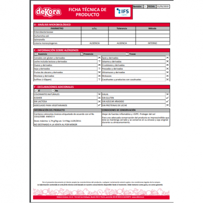Ficha técnica de produto da deKora com detalhes microbiológicos e alergénios
