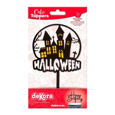 Cake topper Halloween preto em embalagem vermelha e branca