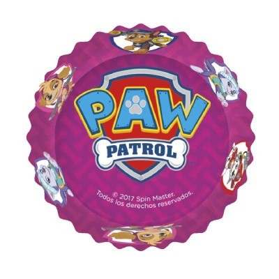 Tampa metálica roxa com logo PAW PATROL e personagens desenhados