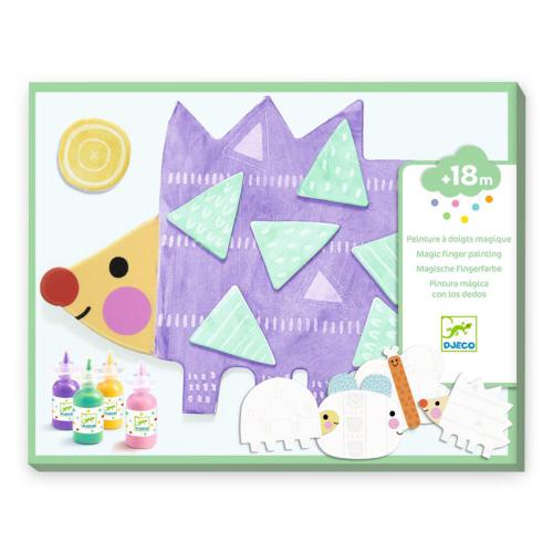 Pintura com os Dedos Mágica - Djeco Arts & Crafts Conjunto de pintura mágica para crianças com desenho de ouriço roxo e tintas coloridas.