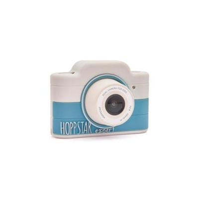 Câmara fotográfica de brinquedo azul e branca com texto HOPPSTAR expert