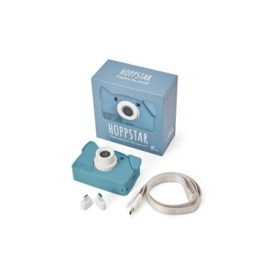 Câmara fotográfica azul HOPPSTAR com acessórios e caixa azul