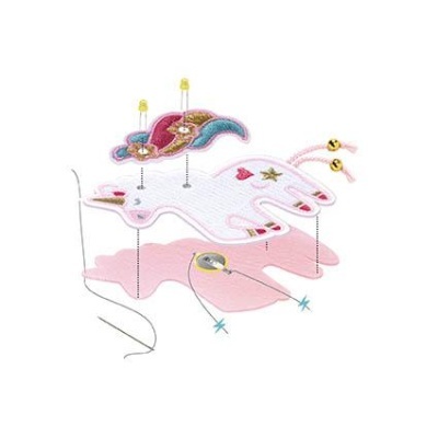 Modelo artesanal para bordar boneco de feltro rosa detalhado em vários fios coloridos com alfinetes e agulha