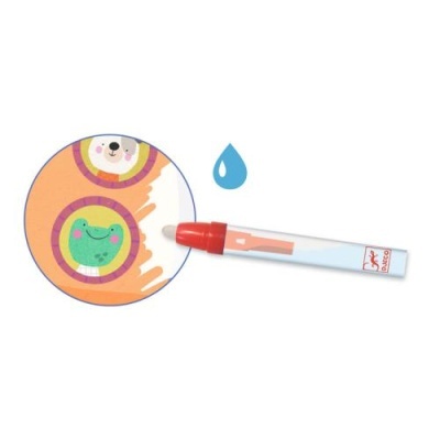 Marcador vermelho para papel laranja com desenhos de sapo e urso e ícone de gota de água.