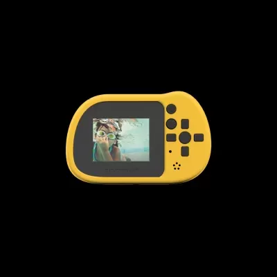 Câmara digital compacta amarela com ecrã e botões pretos