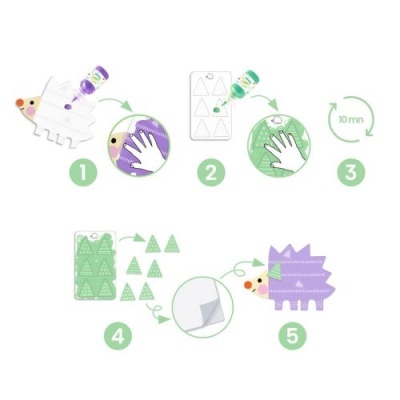 Instruções para usar carimbos de tinta e montar um porquinho de papel com triângulos verdes.