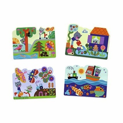 Quatro puzzles infantis coloridos com animais e paisagens variadas.