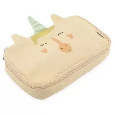 Estojo de tecido bege com design de unicórnio sorridente e chifre verde às riscas