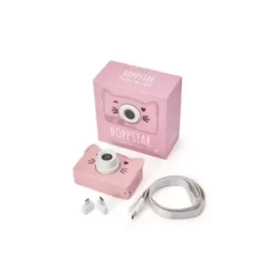 Câmara fotográfica rosa com lente branca, caixa rosa HOPPSTAR, adaptadores e cabo cinzento
