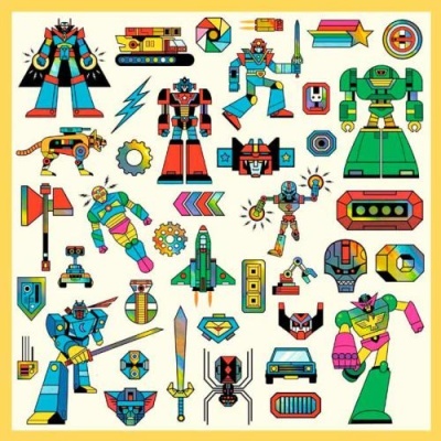 Ilustrações coloridas de robôs, naves e símbolos futuristas sobre fundo amarelo