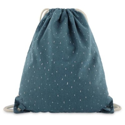 mochila saco azul com pontos brancos e alças de corda branca