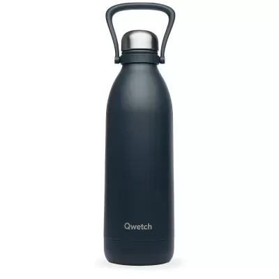 Garrafa térmica azul escuro com tampa prateada e alça preta