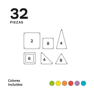 Figuras geométricas coloridas com texto 32 PIEZAS e Colores Incluidos