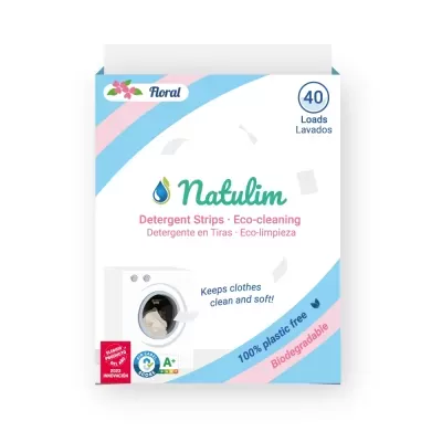 Pacote de tiras de detergente Natulim floral para 40 lavagens, biodegradável e sem plástico.