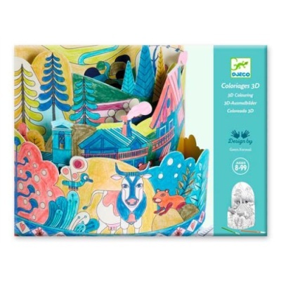 Caixa colorida do produto Colorages 3D com ilustrações rurais e indicação de idade 8-99 anos