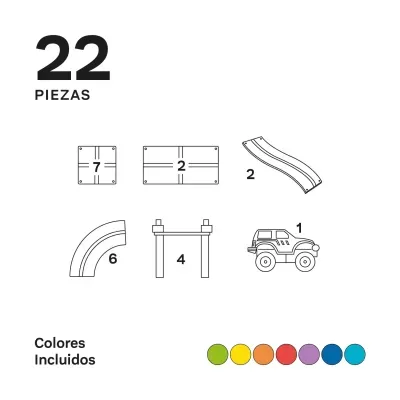 Imagem com 22 peças de brinquedo e uma lista de cores incluídas.