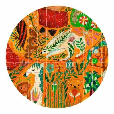 Puzzle redondo com ilustrações coloridas de animais e plantas